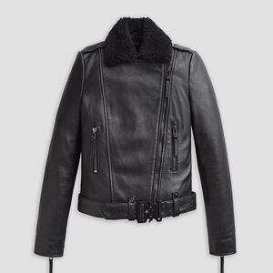 Boda Skins XS Leather Moto Jacket Faux Shearling Collar Belted